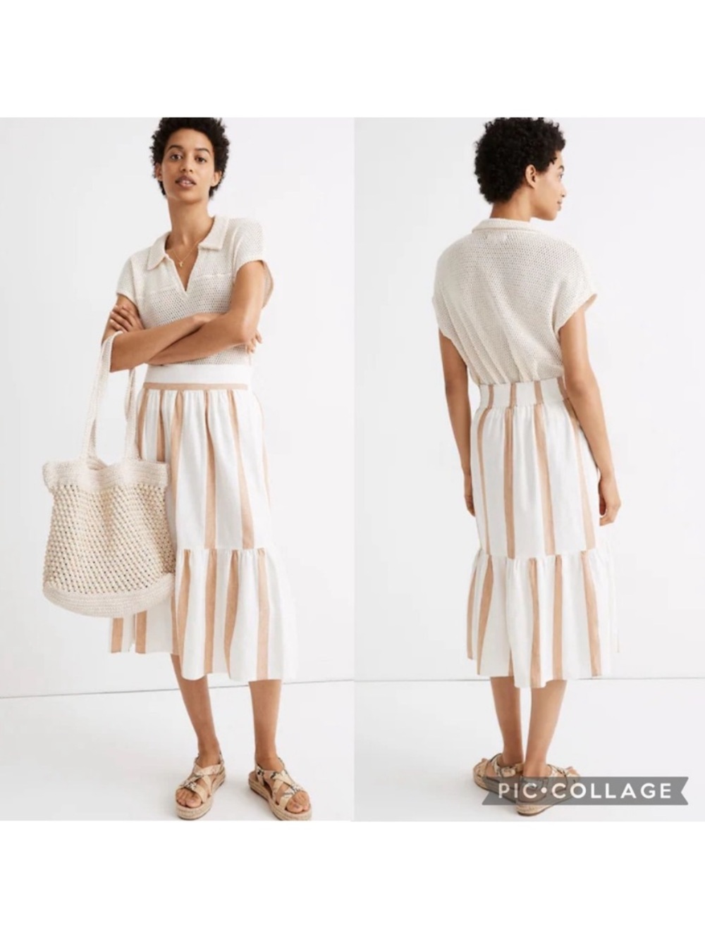 Madewell Cream and Tan Striped Linen Tiered Midi Skirt